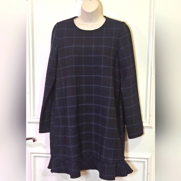 ZARA Trafaluc Collection Navy Blue Plaid Long Sleeve Ruffle Hem Dress, Large - Picture 2 of 15